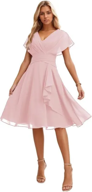 Short Bridesmaid Dresses for Women Ruffle Chiffon Formal Wedding Guest Dress with Sleeves V Neck Evening Gown MR91