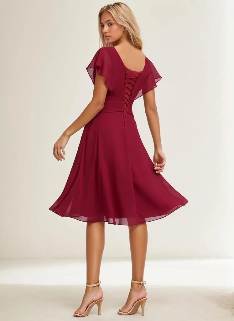 Short Bridesmaid Dresses for Women Ruffle Chiffon Formal Wedding Guest Dress with Sleeves V Neck Evening Gown MR91