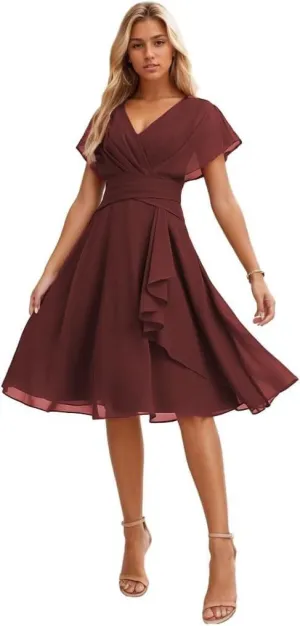 Short Bridesmaid Dresses for Women Ruffle Chiffon Formal Wedding Guest Dress with Sleeves V Neck Evening Gown MR91