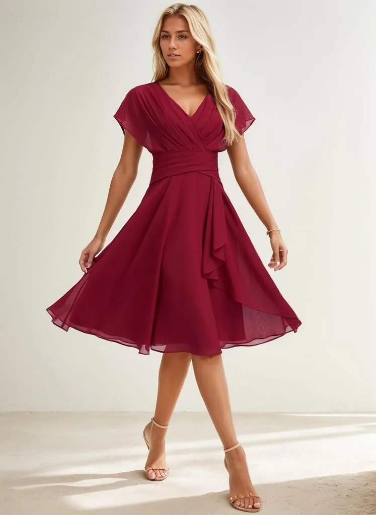 Short Bridesmaid Dresses for Women Ruffle Chiffon Formal Wedding Guest Dress with Sleeves V Neck Evening Gown MR91