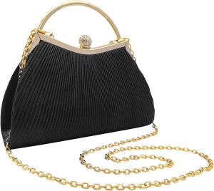 Shoulder Bag For Girl Women Pleated Formal Evening Bag Lady Purse Wedding Clutches Cocktail Prom Handbag Silver/Black