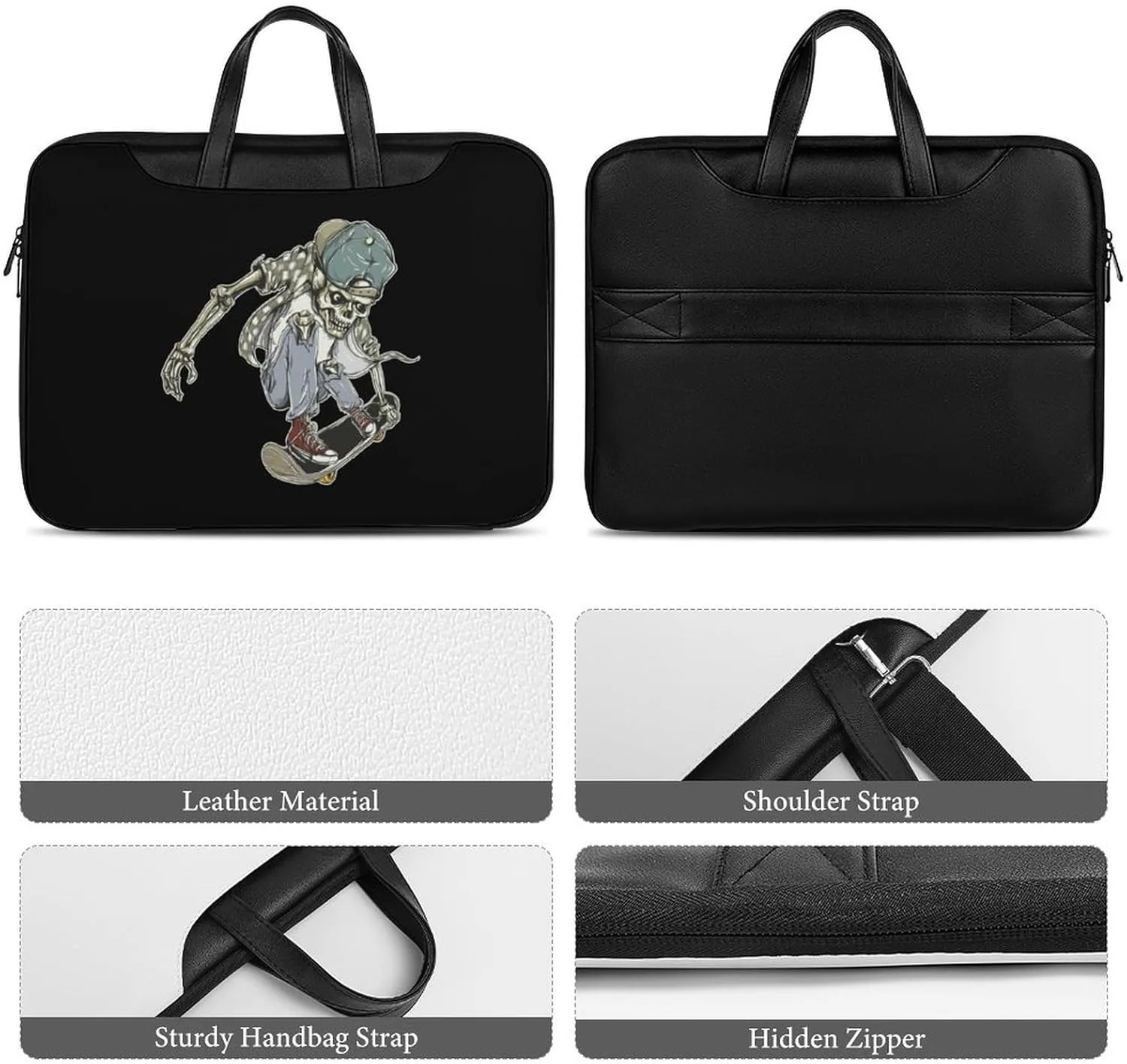 Skull Skateboard Leather Bag Laptop Case Slim Water Resistant Computer Bags with Handle Briefcase for Work