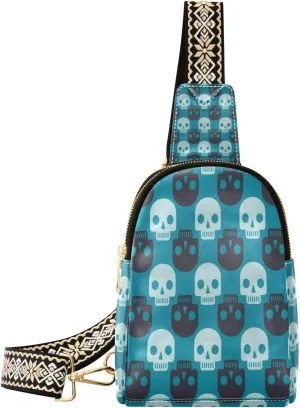 Small Sling Bag Waist Packs Leather Crossbody Packs Chest Bag Black White Skull for Women Travel Belt Purse