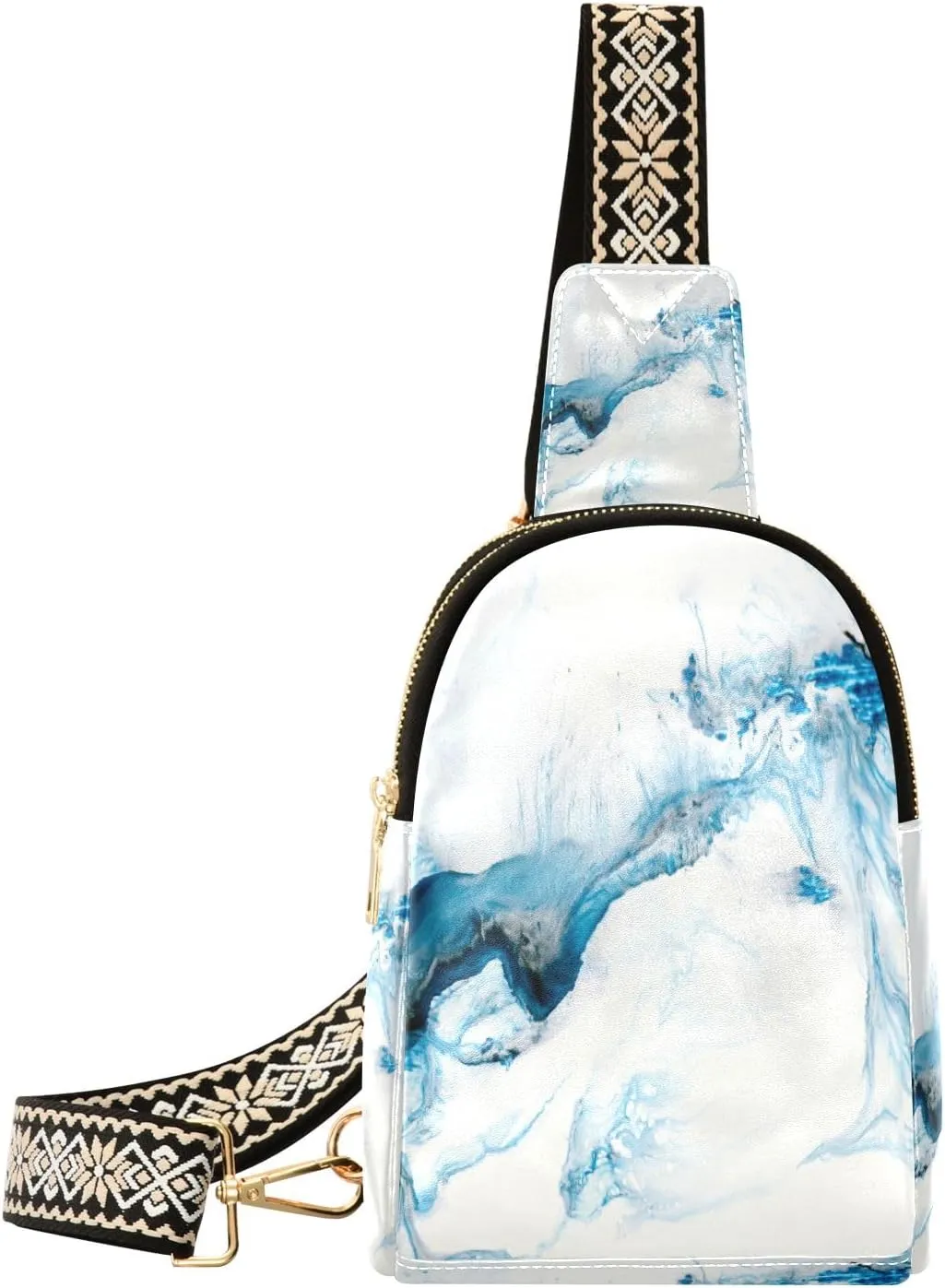 Small Sling Bag Waist Packs Leather Crossbody Packs Chest Bag Blue & White Marble Art Painting for Women Travel Belt Purse
