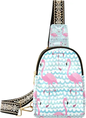 Small Sling Bag Waist Packs Leather Crossbody Packs Chest Bag Blue Stripe Flamingos for Women Travel Belt Purse