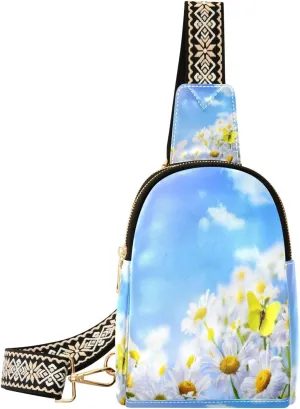 Small Sling Bag Waist Packs Leather Crossbody Packs Chest Bag Butterfly on Daisy for Women Travel Belt Purse