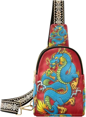 Small Sling Bag Waist Packs Leather Crossbody Packs Chest Bag Coiled Chinese Dragon for Women Travel Belt Purse