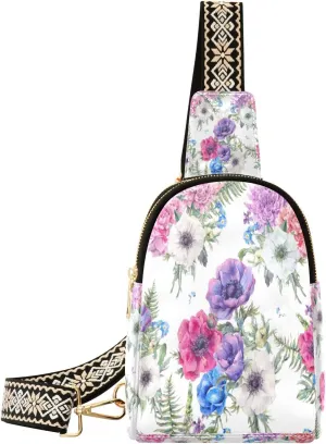 Small Sling Bag Waist Packs Leather Crossbody Packs Chest Bag Colorful Floral for Women Travel Belt Purse