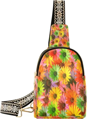 Small Sling Bag Waist Packs Leather Crossbody Packs Chest Bag Colorful Flower for Women Travel Belt Purse