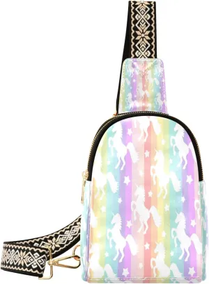 Small Sling Bag Waist Packs Leather Crossbody Packs Chest Bag Colorful Stripe Unicorn for Women Travel Belt Purse