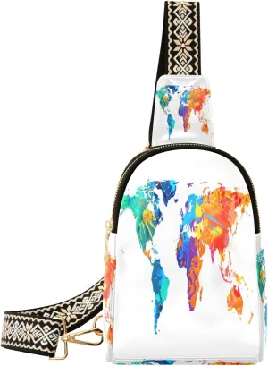 Small Sling Bag Waist Packs Leather Crossbody Packs Chest Bag Colorful World Map for Women Travel Belt Purse