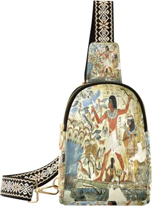 Small Sling Bag Waist Packs Leather Crossbody Packs Chest Bag Egyptian Pattern for Women Travel Belt Purse