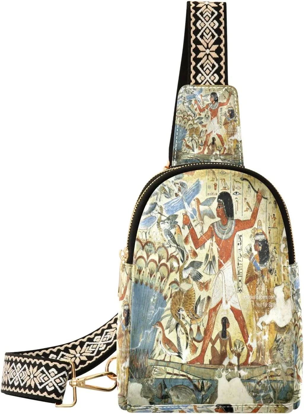Small Sling Bag Waist Packs Leather Crossbody Packs Chest Bag Egyptian Pattern for Women Travel Belt Purse