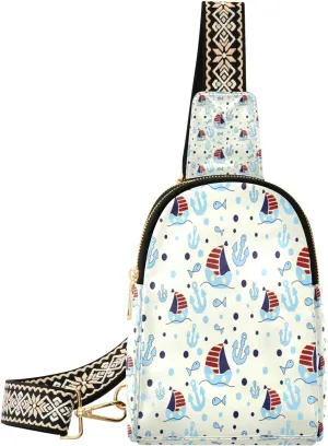 Small Sling Bag Waist Packs Leather Crossbody Packs Chest Bag Fish Sailing for Women Travel Belt Purse