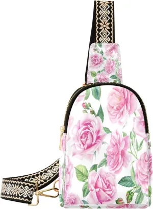 Small Sling Bag Waist Packs Leather Crossbody Packs Chest Bag Floral Roses for Women Travel Belt Purse
