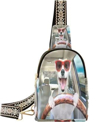 Small Sling Bag Waist Packs Leather Crossbody Packs Chest Bag Funny Dog Driving for Women Travel Belt Purse