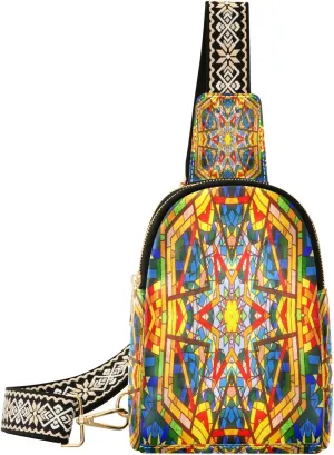 Small Sling Bag Waist Packs Leather Crossbody Packs Chest Bag Gold Blue Bohemia for Women Travel Belt Purse