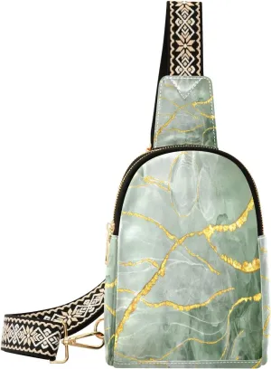 Small Sling Bag Waist Packs Leather Crossbody Packs Chest Bag Green Gold Marble for Women Travel Belt Purse
