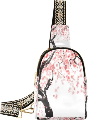 Small Sling Bag Waist Packs Leather Crossbody Packs Chest Bag Japanese Cherry Tree Blossom for Women Travel Belt Purse
