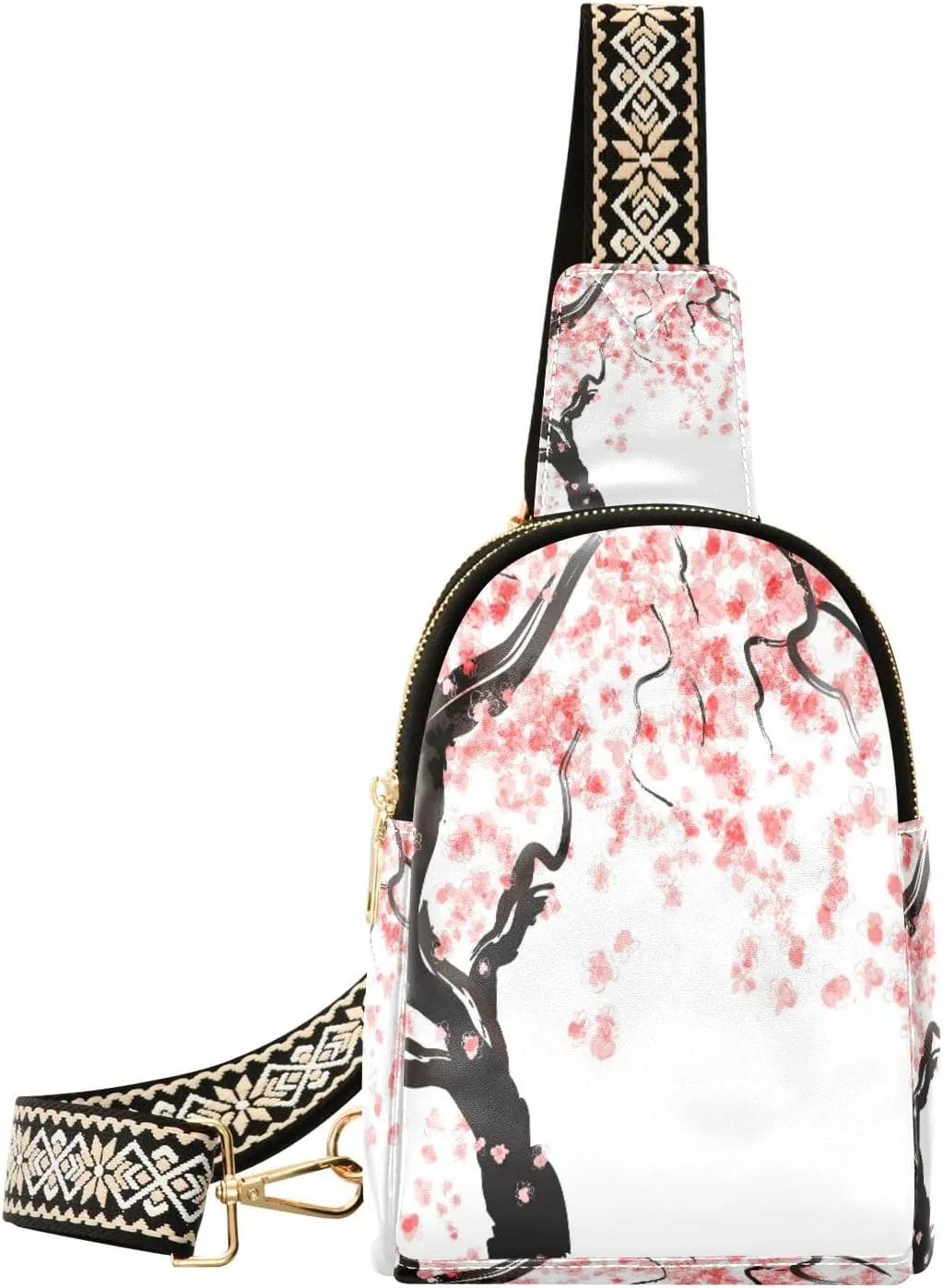 Small Sling Bag Waist Packs Leather Crossbody Packs Chest Bag Japanese Cherry Tree Blossom for Women Travel Belt Purse