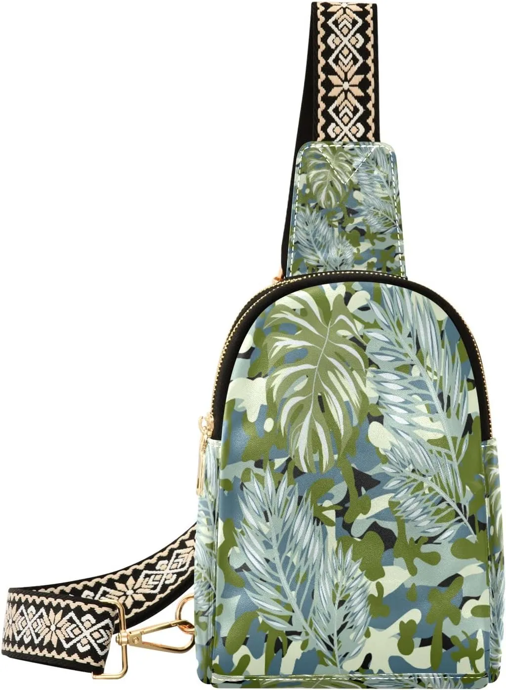 Small Sling Bag Waist Packs Leather Crossbody Packs Chest Bag Military Green Camouflage Palm Leaf for Women Travel Belt Purse