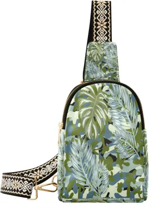 Small Sling Bag Waist Packs Leather Crossbody Packs Chest Bag Military Green Camouflage Palm Leaf for Women Travel Belt Purse