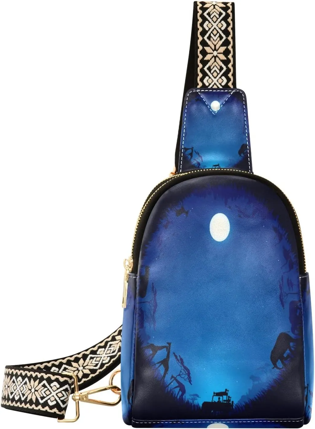 Small Sling Bag Waist Packs Leather Crossbody Packs Chest Bag Moonlight Circle Animals for Women Travel Belt Purse