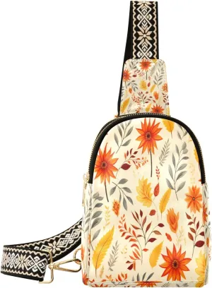 Small Sling Bag Waist Packs Leather Crossbody Packs Chest Bag Orange Flower for Women Travel Belt Purse