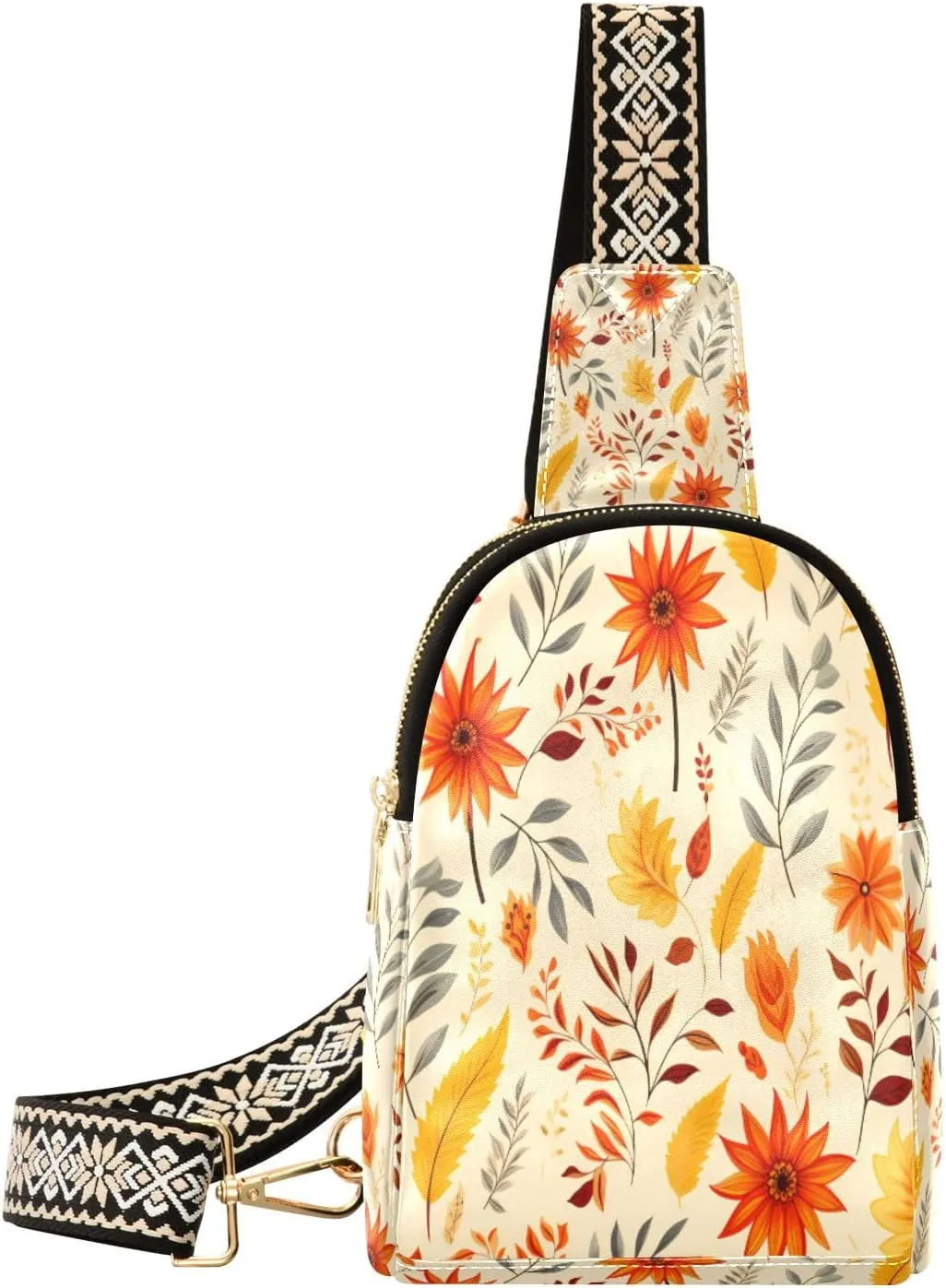 Small Sling Bag Waist Packs Leather Crossbody Packs Chest Bag Orange Flower for Women Travel Belt Purse