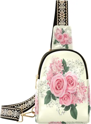 Small Sling Bag Waist Packs Leather Crossbody Packs Chest Bag Pink Rose Flowers & Hydrangea Floral for Women Travel Belt Purse