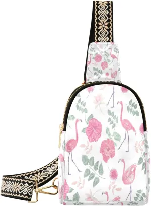 Small Sling Bag Waist Packs Leather Crossbody Packs Chest Bag Red Flower Flamingos for Women Travel Belt Purse