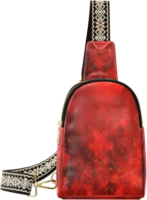 Small Sling Bag Waist Packs Leather Crossbody Packs Chest Bag Red Snowflake for Women Travel Belt Purse