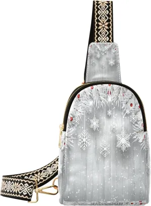 Small Sling Bag Waist Packs Leather Crossbody Packs Chest Bag Silver Christmas Tree Snowflake for Women Travel Belt Purse