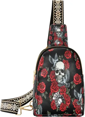 Small Sling Bag Waist Packs Leather Crossbody Packs Chest Bag Skull Rose Birds for Women Travel Belt Purse