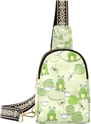 Small Sling Bag Waist Packs Leather Crossbody Packs Chest Bag Sweet Frogs and Dragonflies for Women Travel Belt Purse
