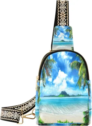 Small Sling Bag Waist Packs Leather Crossbody Packs Chest Bag Tropical Coast Beach Palm Trees for Women Travel Belt Purse