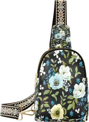 Small Sling Bag Waist Packs Leather Crossbody Packs Chest Bag Watercolor Flower for Women Travel Belt Purse