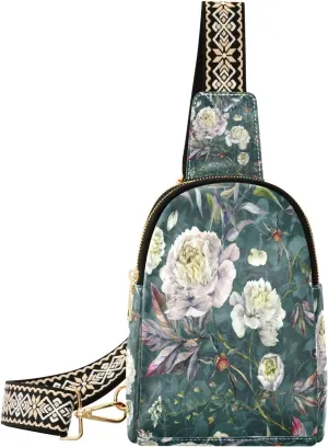 Small Sling Bag Waist Packs Leather Crossbody Packs Chest Bag White Peony for Women Travel Belt Purse