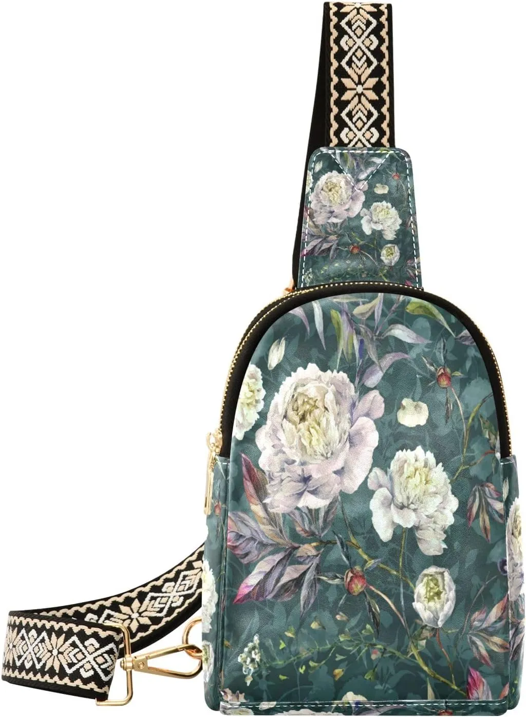 Small Sling Bag Waist Packs Leather Crossbody Packs Chest Bag White Peony for Women Travel Belt Purse