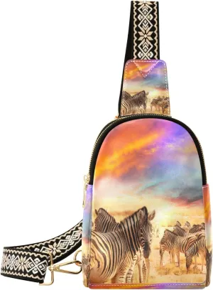Small Sling Bag Waist Packs Leather Crossbody Packs Chest Bag Wilderness Zebra for Women Travel Belt Purse