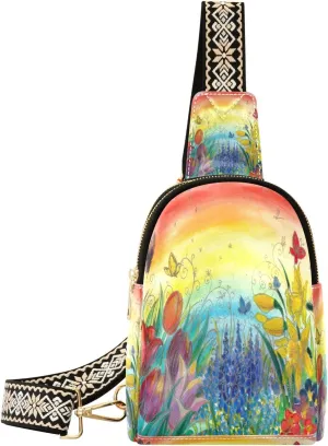 Small Sling Bag Waist Packs Leather Crossbody Packs Chest Bag Yellow Daffodils Tulips Flowers Rainbow for Women Travel Belt Purse