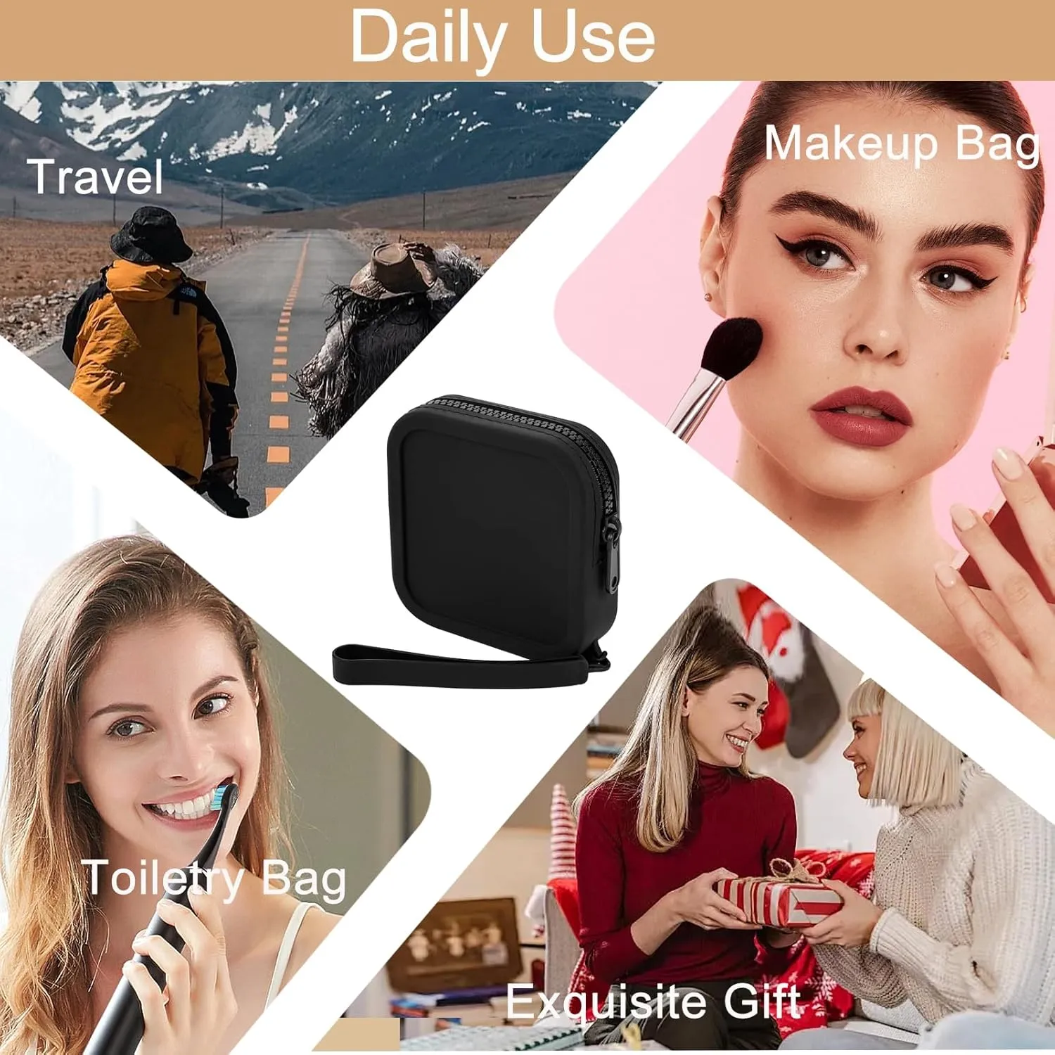 Small Square Portable Silicone Makeup Bag for Women Girls, Small Travel Lovely Waterproof Toiletry Cosmetic Bag, Zipper Closure Organizer Makeup Case with Handle (Black)
