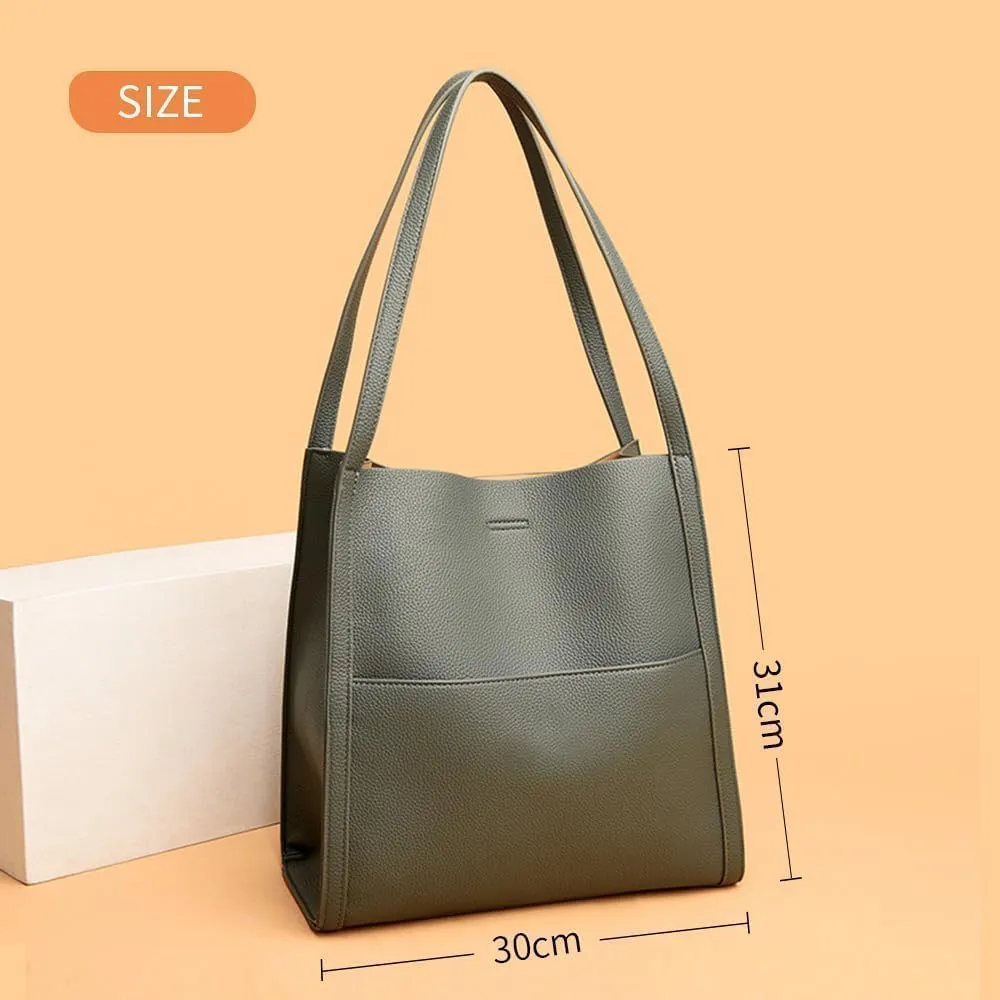 Solid Color Simple Genuine Leather Shoulder Bag, Genuine Leather Bucket Tote Bag, Women Large Capacity Totes Crossbody Bag