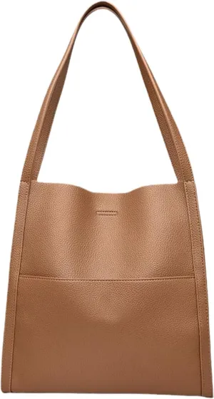 Solid Color Simple Genuine Leather Shoulder Bag, Genuine Leather Bucket Tote Bag, Women Large Capacity Totes Crossbody Bag