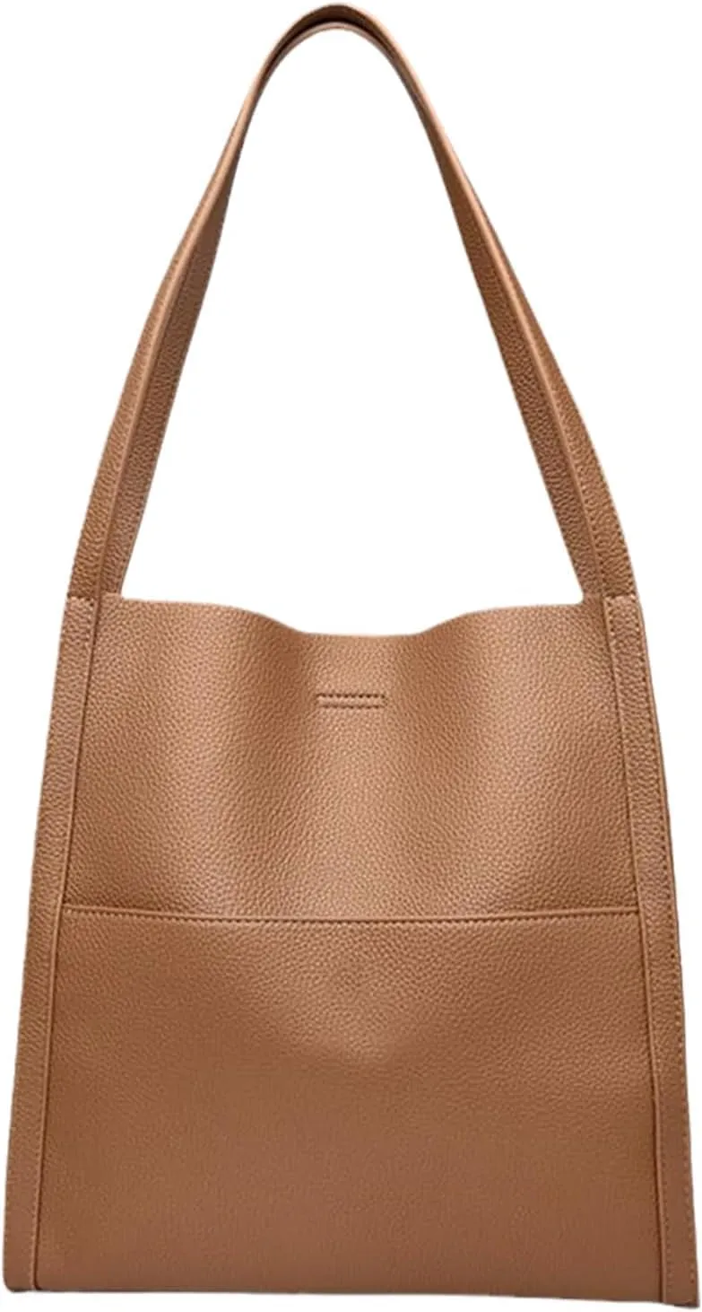 Solid Color Simple Genuine Leather Shoulder Bag, Genuine Leather Bucket Tote Bag, Women Large Capacity Totes Crossbody Bag
