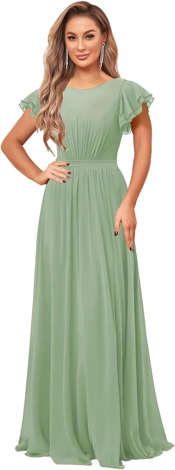 SOLODISH Chiffon Modest Bridesmaid Dresses with Sleeves A Line Crew Neck Formal Evening Party Gown