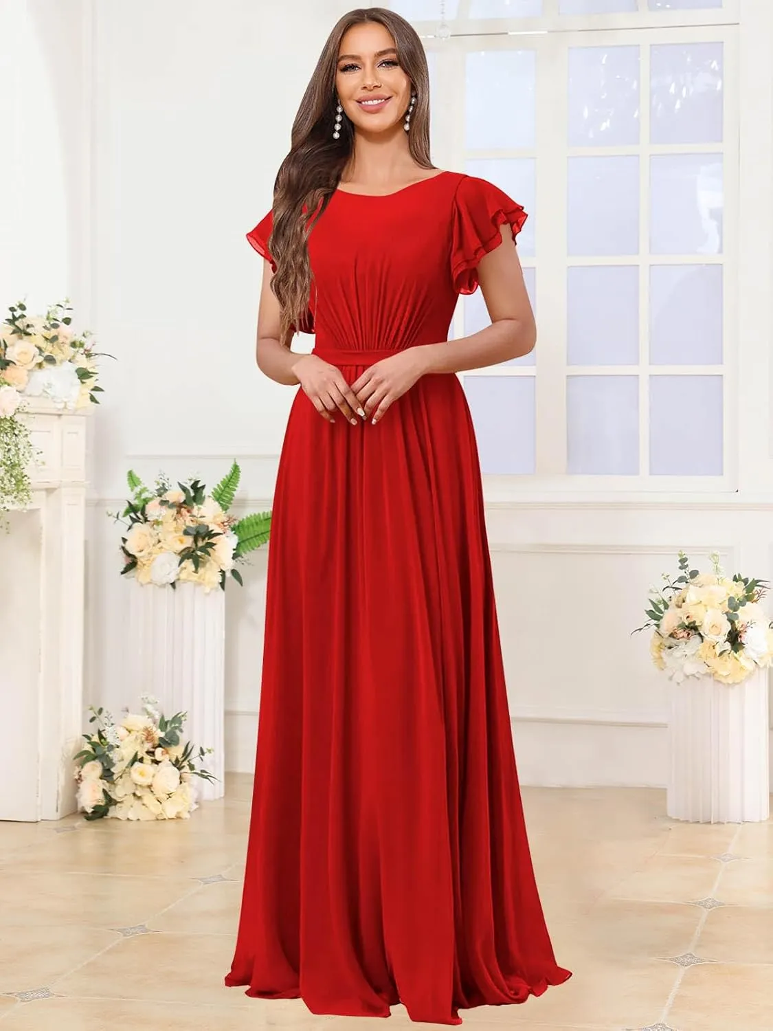 SOLODISH Chiffon Modest Bridesmaid Dresses with Sleeves A Line Crew Neck Formal Evening Party Gown