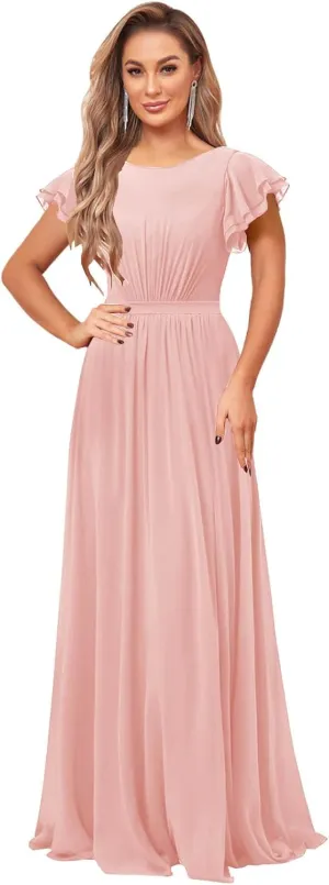 SOLODISH Chiffon Modest Bridesmaid Dresses with Sleeves A Line Crew Neck Formal Evening Party Gown