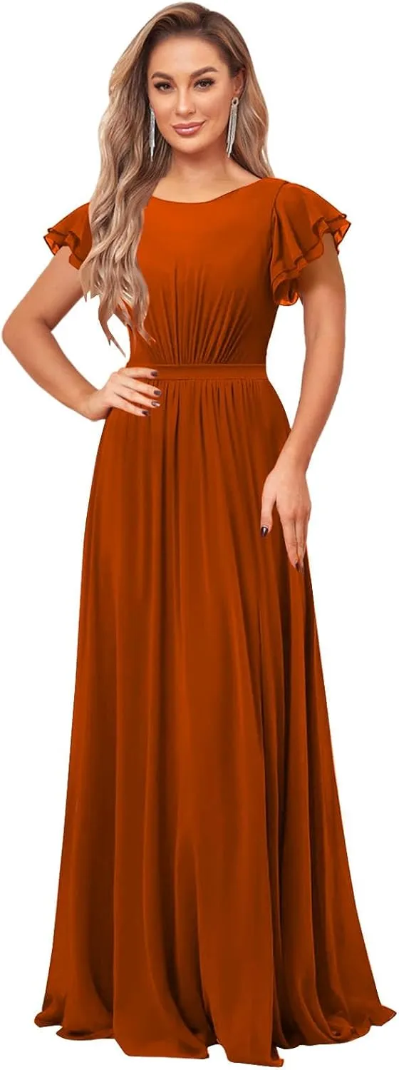 SOLODISH Chiffon Modest Bridesmaid Dresses with Sleeves A Line Crew Neck Formal Evening Party Gown