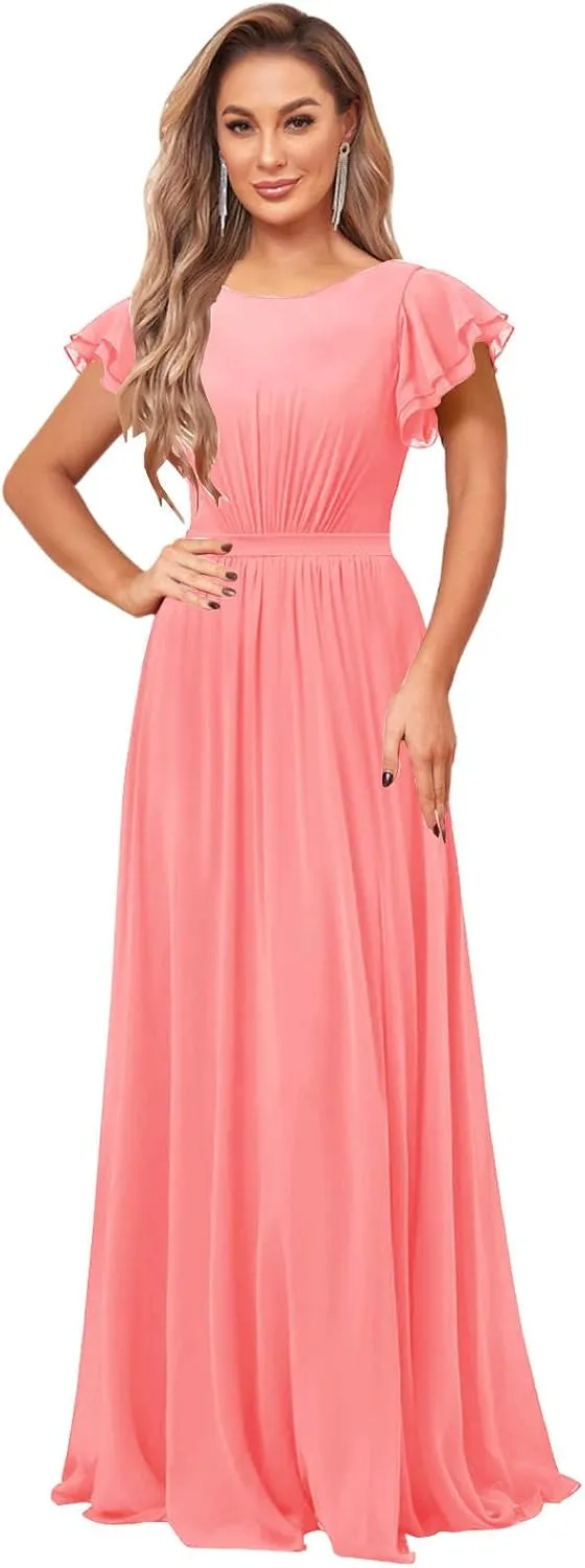 SOLODISH Chiffon Modest Bridesmaid Dresses with Sleeves A Line Crew Neck Formal Evening Party Gown
